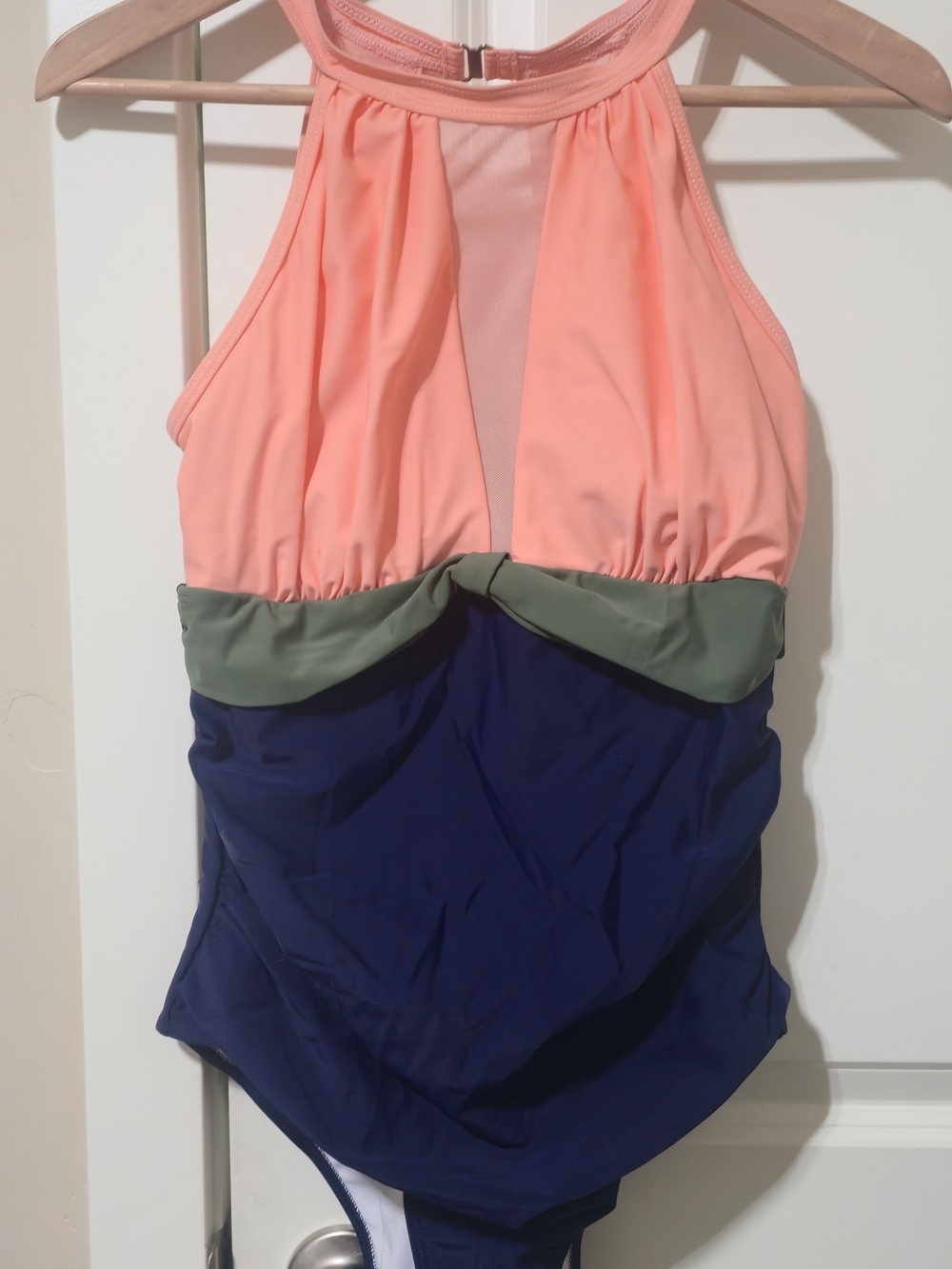 NWT Tempt Me Deep Plunge Mesh Ruched Monokini Swimsuit Pink Blue Med Resort Pool - Picture 3 of 10